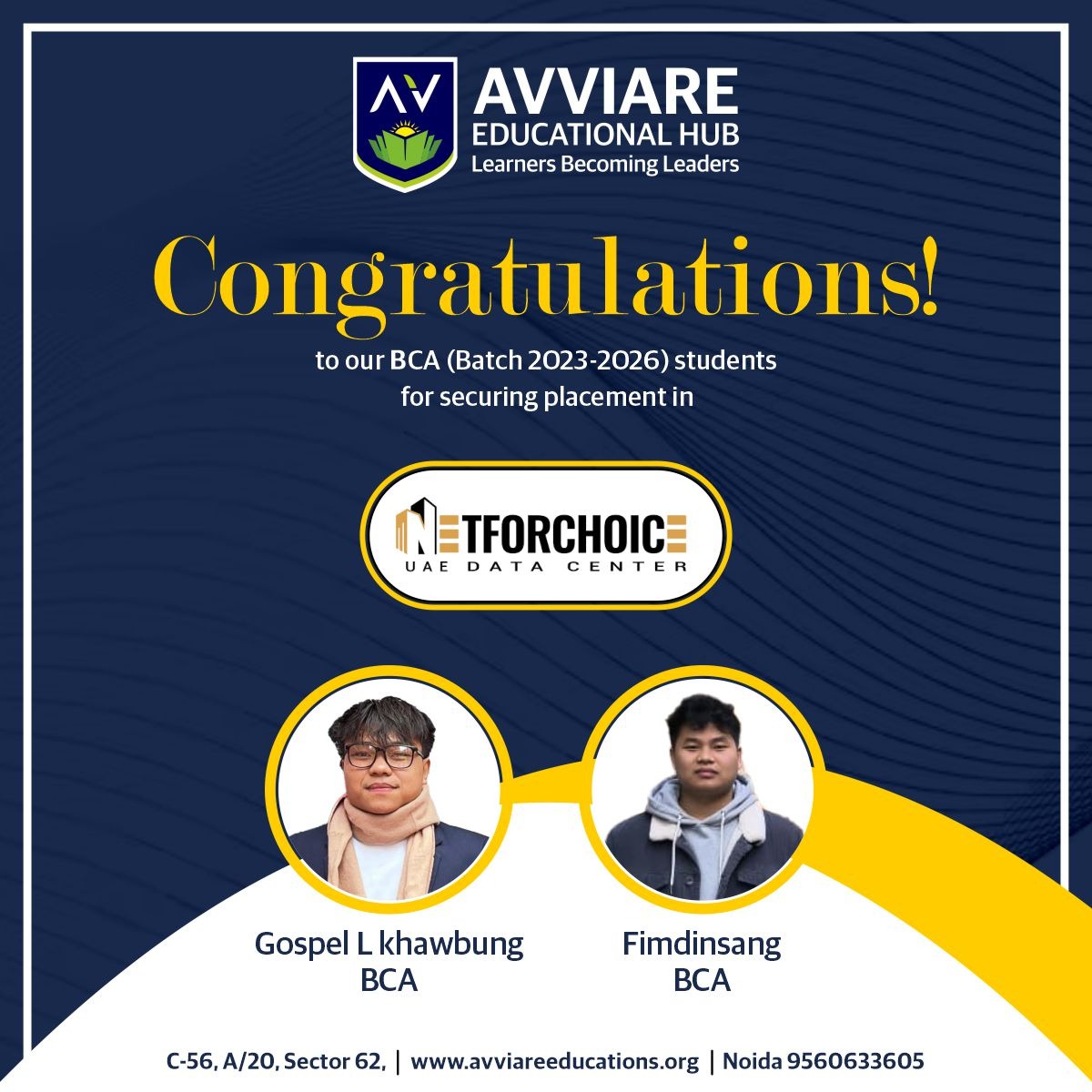 Huge congratulations to our students, Gospel L Khawbung & Fimdinsang, for securing placements at Netforchoice UAE Data Center! This is a proud moment for Avviare Educational Hub – our learners are becoming leaders! Our training, skill development, and practice prepare them for success in the industry.#AvviareEducationalHub #Placement #Netforchoice #skilldevelopment
