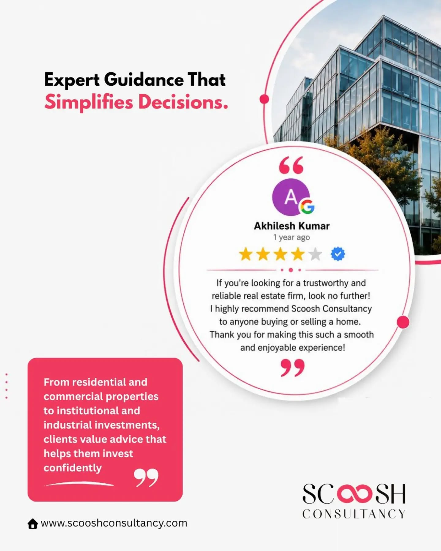 ⭐ Why do investors keep coming back to Scoosh Consultancy?
The answer isn’t in what we say—it’s in what our clients say.
For over 30 years, Scoosh Consultancy has helped buyers and investors navigate the real estate market with confidence. From residential and commercial properties to institutional and industrial investments, our approach remains the same:
✔ Transparent advice
✔ Deep market knowledge
✔ Honest communication
✔ Long-term relationship building
✔ Opportunities backed by real insights
Whether it’s understanding the growth potential of Noida, Greater Noida, and the Yamuna Expressway region or simplifying complex investment decisions, our clients value guidance they can trust.
The testimonials from Akhilesh Kumar, kshitiz Thapar, and Sunil Gupta reflect the foundation of our work—expertise, integrity, and a commitment to putting clients first.
🏡 Looking to Buy, Sell, or Invest?
Partner with Scoosh Consultancy and make every real estate decision with confidence.
📍 Noida | Greater Noida | Yamuna Expressway
#ScooshConsultancy #ClientReviews #ClientTestimonials #RealEstateConsultant #PropertyAdvisor NoidaRealEstate GreaterNoidaProperty YamunaExpressway PropertyInvestment RealEstateExpert CommercialProperty ResidentialProperty IndustrialProperty InstitutionalProperty InvestInNoida PropertyMarket RealEstateIndia TrustedPropertyAdvisor RealEstateInvestment NoidaProperty