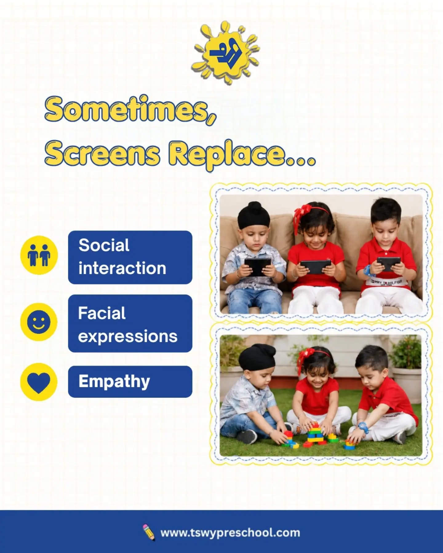 📱 Screens are here to stay—but childhood should never be confined to one.Running, climbing, creating, imagining, exploring, and building meaningful relationships are the experiences that shape confident, curious, and resilient children.At TSWY Preschool, we believe in creating the right balance between technology and hands-on learning, so every child grows through play, discovery, and human connection.#TSWYPreschool #EarlyChildhoodEducation #PositiveParenting #ScreenTimeBalance #LearningThroughPlayWhat's your biggest screen-time challenge as a parent?
