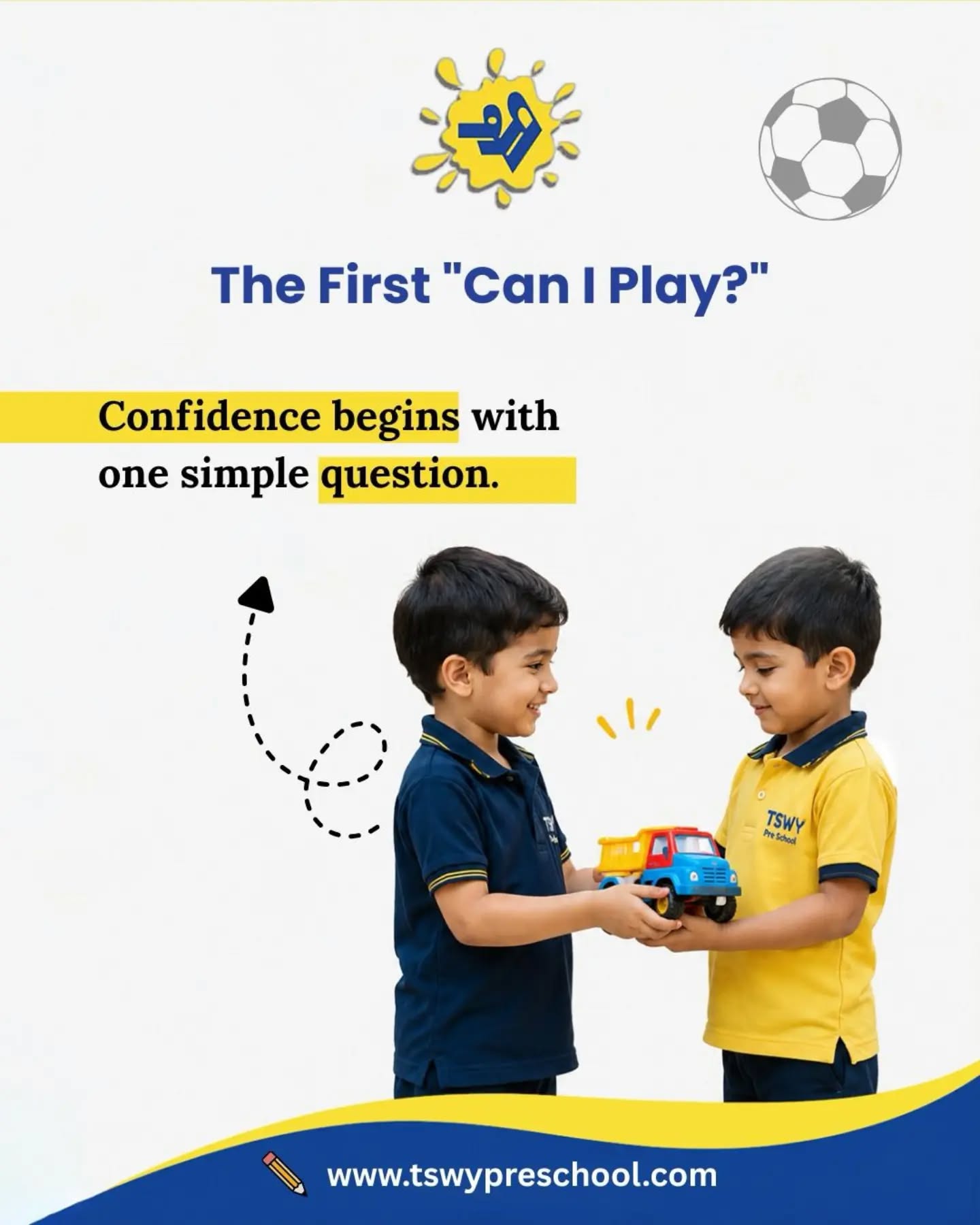 The first friendships don't just create memories—they build confidence, kindness, empathy, and teamwork.Every smile shared, every toy passed, and every "Can I play?" is a small step toward lifelong social and emotional growth. At TSWY Preschool, we create a nurturing environment where children learn to connect, collaborate, and grow together through meaningful play.Because some of life's most valuable lessons begin with a simple friendship. 💛✨ Visit your nearest TSWY Centre and watch your child thrive in a community built on learning, laughter, and lifelong friendships.#TSWYPreschool #EarlyChildhoodEducation #PreschoolLife #SocialEmotionalLearning #FriendshipMatters