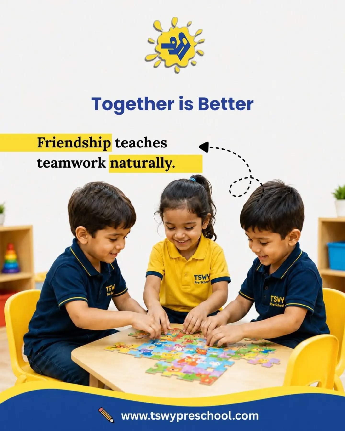 The first friendships don't just create memories—they build confidence, kindness, empathy, and teamwork.Every smile shared, every toy passed, and every "Can I play?" is a small step toward lifelong social and emotional growth. At TSWY Preschool, we create a nurturing environment where children learn to connect, collaborate, and grow together through meaningful play.Because some of life's most valuable lessons begin with a simple friendship. 💛✨ Visit your nearest TSWY Centre and watch your child thrive in a community built on learning, laughter, and lifelong friendships.#TSWYPreschool #EarlyChildhoodEducation #PreschoolLife #SocialEmotionalLearning #FriendshipMatters